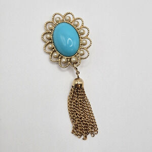 Vintage Sarah Coventry Dangle Brooch Faux Turquoise Pearls Goldtone Tassel Retro